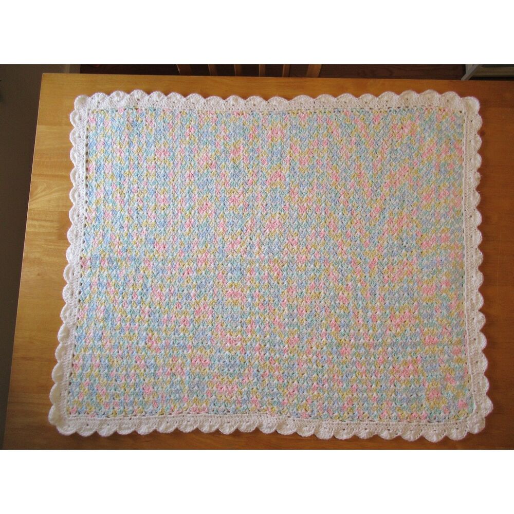 Rainbow Baby Afghan Pink, Yellow, Blue, Green, White w/Scalloped Border 31 x 39 - Picture 3 of 4